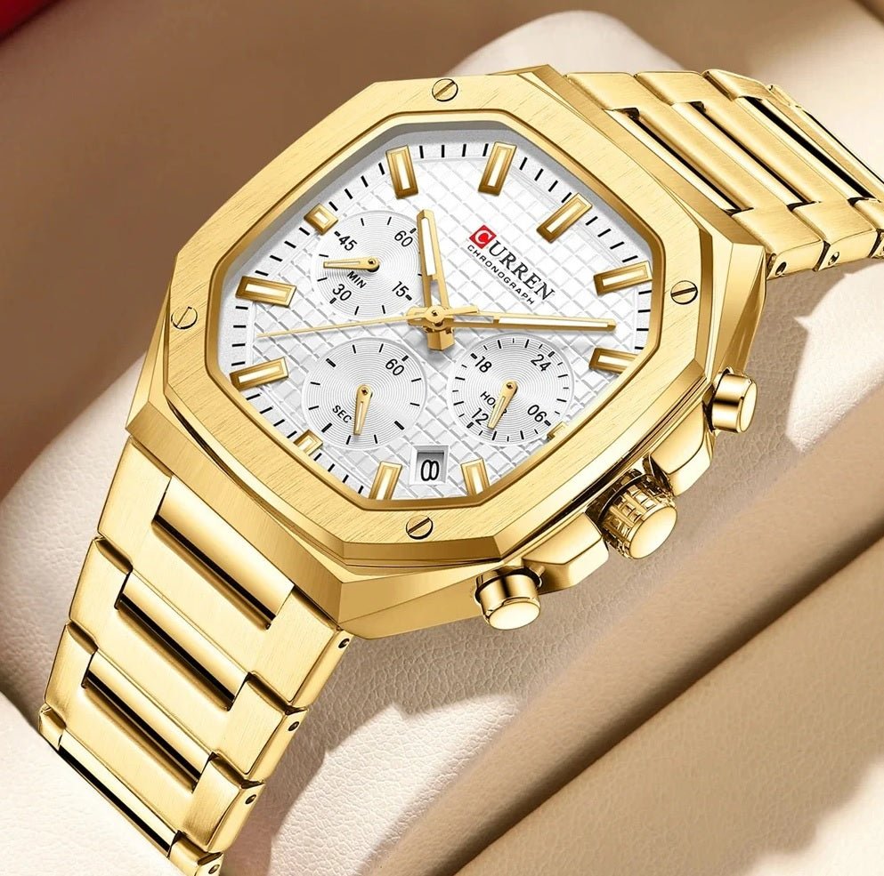 M:8459 Curren white Color Dial Fashion Quartz Clock Analog Chronograph Men's Watch. - Timecheck