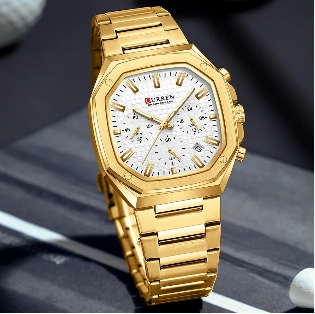 M:8459 Curren white Color Dial Fashion Quartz Clock Analog Chronograph Men's Watch. - Timecheck