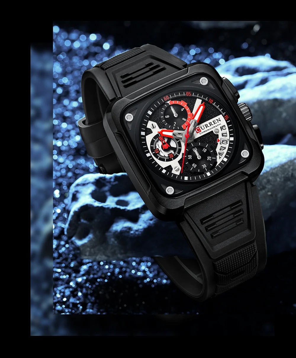 M:8461 Curren black Dial black Silicone Strap Chronograph Analog Quartz Men's Watch with brand [box&bag] - Timecheck