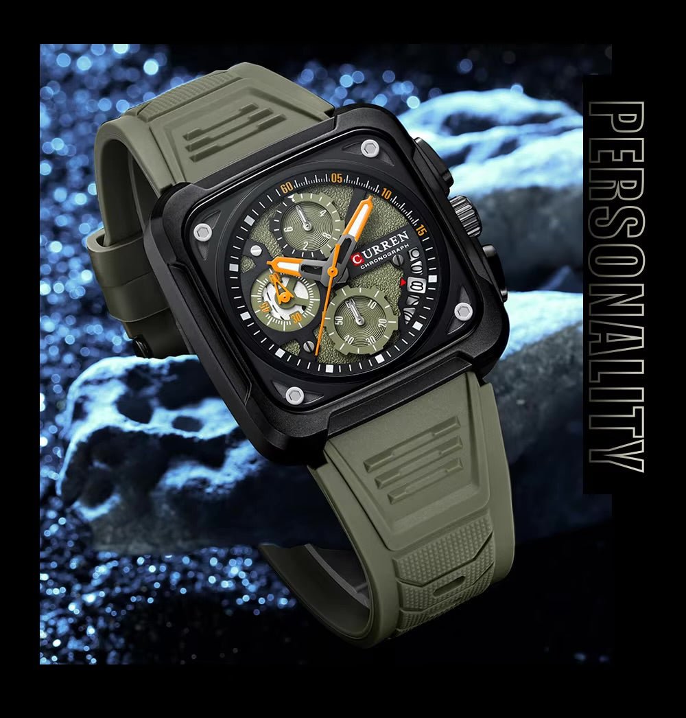 M:8461 Curren Green Dial Green Silicone Strap Chronograph Analog Quartz Men's Watch with brand [box&bag] - Timecheck