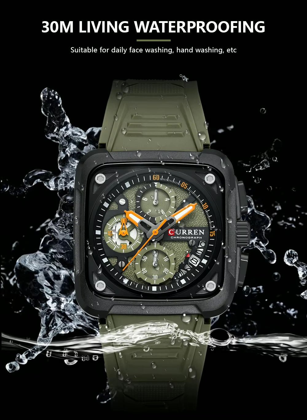 M:8461 Curren Green Dial Green Silicone Strap Chronograph Analog Quartz Men's Watch with brand [box&bag] - Timecheck
