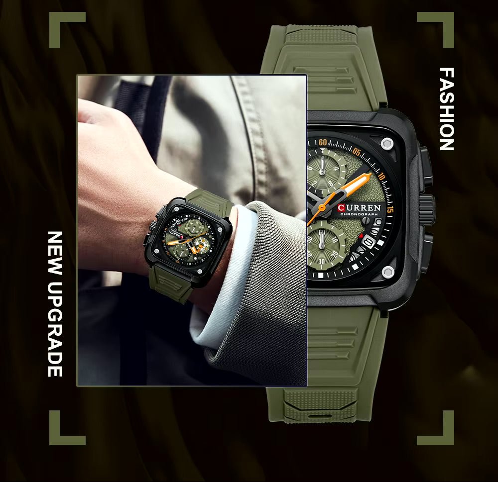M:8461 Curren Green Dial Green Silicone Strap Chronograph Analog Quartz Men's Watch with brand [box&bag] - Timecheck