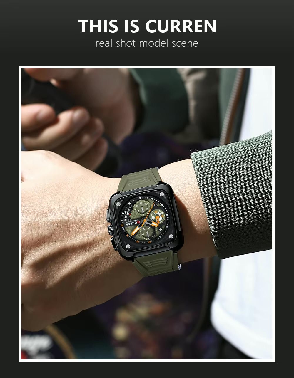 M:8461 Curren Green Dial Green Silicone Strap Chronograph Analog Quartz Men's Watch with brand [box&bag] - Timecheck