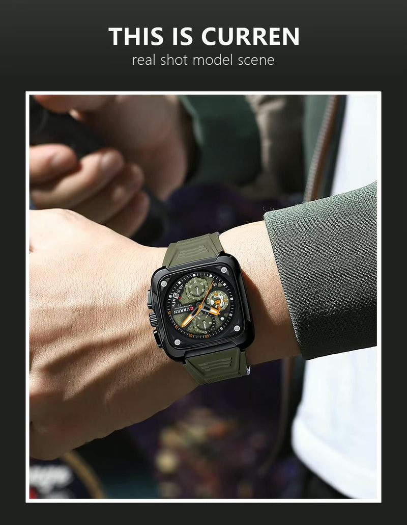 M:8461 Curren Green Dial Green Silicone Strap Chronograph Analog Quartz Men's Watch with brand [box&bag] - Timecheck