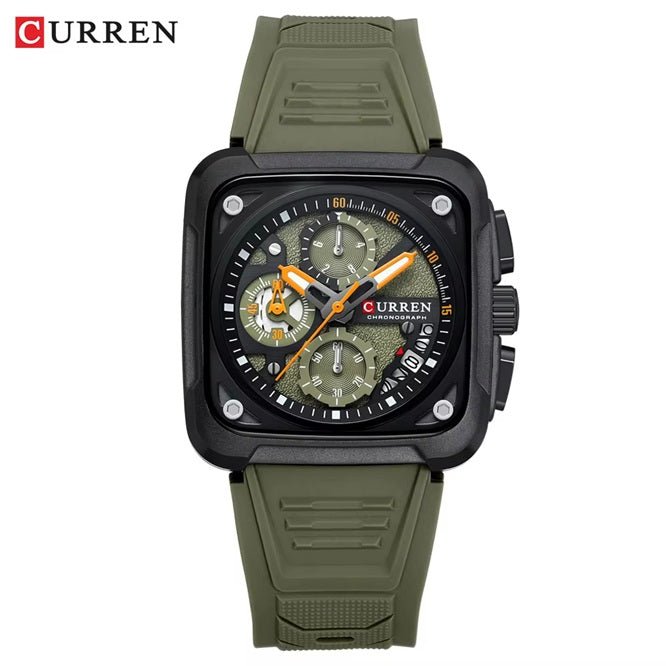 M:8461 Curren Green Dial Green Silicone Strap Chronograph Analog Quartz Men's Watch with brand [box&bag] - Timecheck