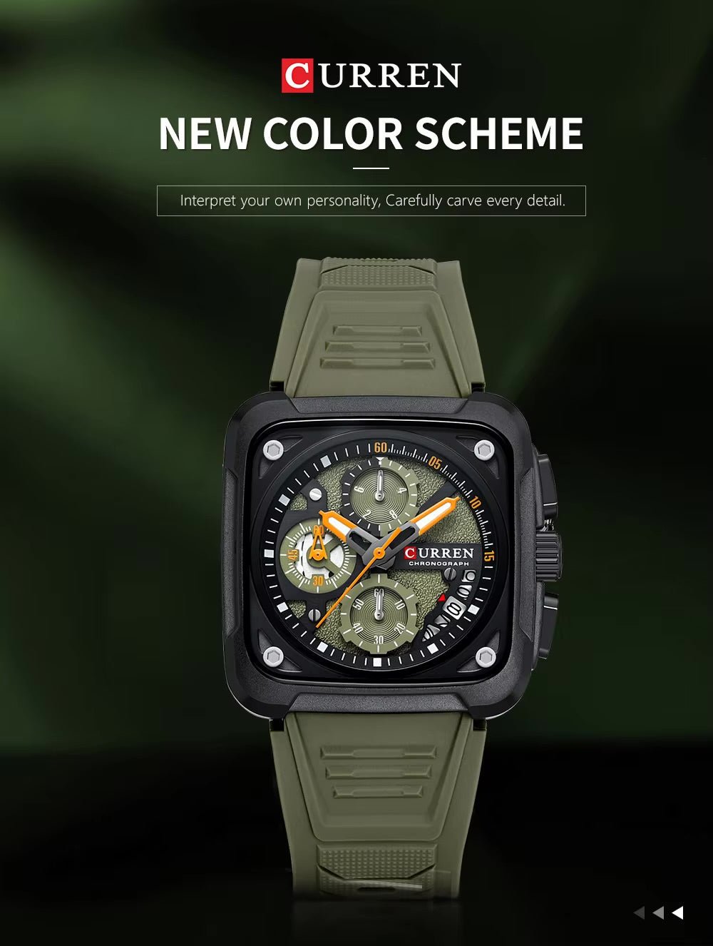 M:8461 Curren Green Dial Green Silicone Strap Chronograph Analog Quartz Men's Watch with brand [box&bag] - Timecheck