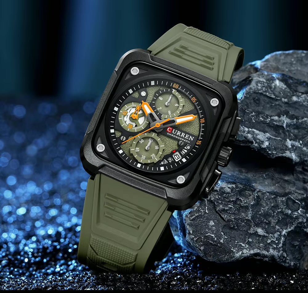 M:8461 Curren Green Dial Green Silicone Strap Chronograph Analog Quartz Men's Watch with brand [box&bag] - Timecheck