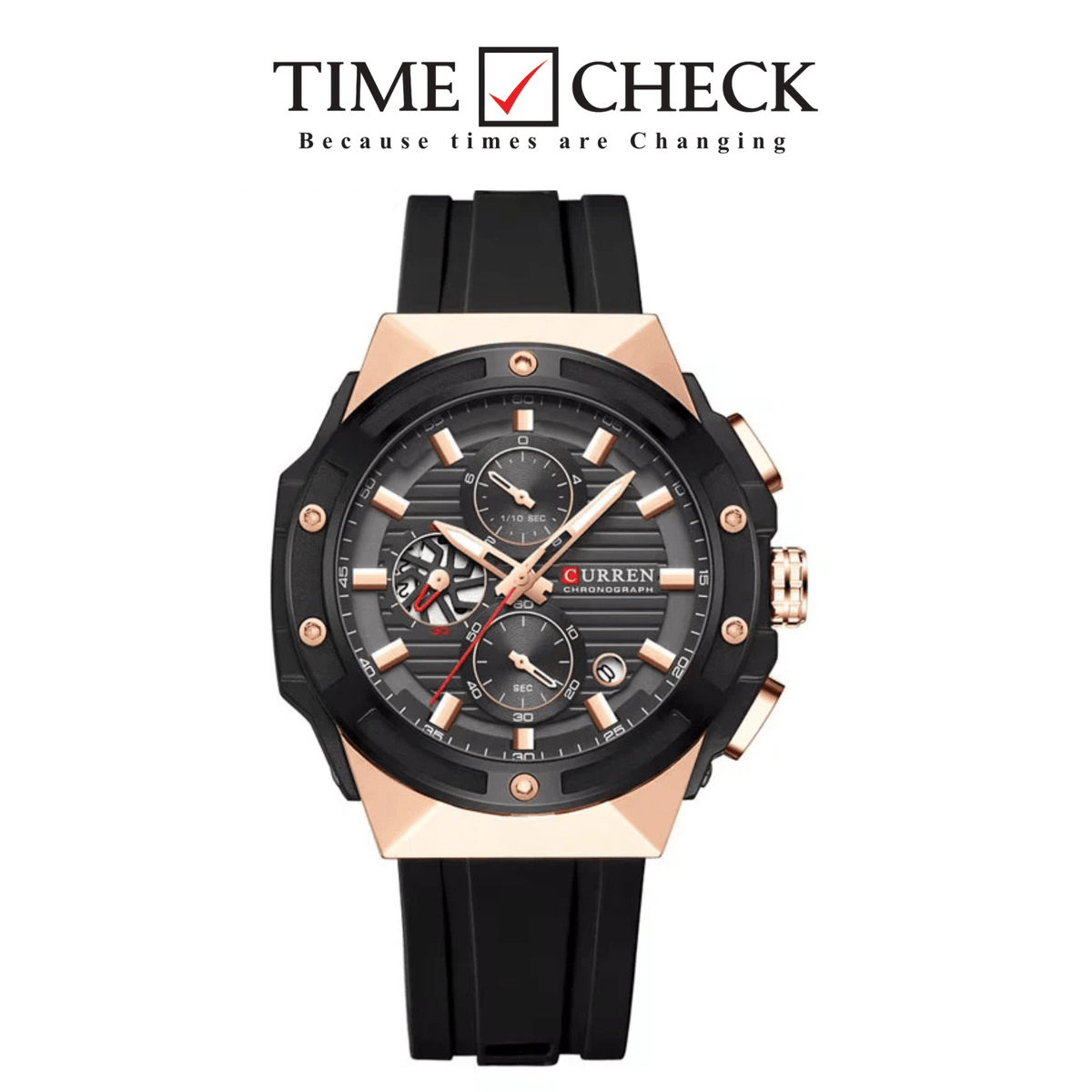 M8462 CURREN Black Dial Gold Body Black Silicone Strap Original Wrist Watch For Men With Box&Bag - Timecheck