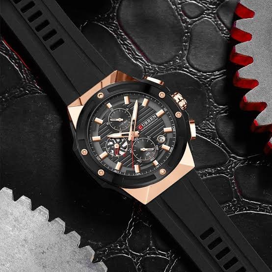 M8462 CURREN Black Dial Gold Body Black Silicone Strap Original Wrist Watch For Men With Box&Bag - Timecheck