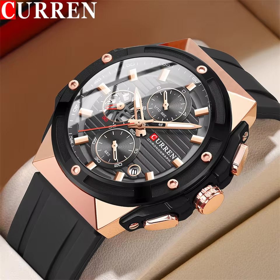 M8462 CURREN Black Dial Gold Body Black Silicone Strap Original Wrist Watch For Men With Box&Bag - Timecheck
