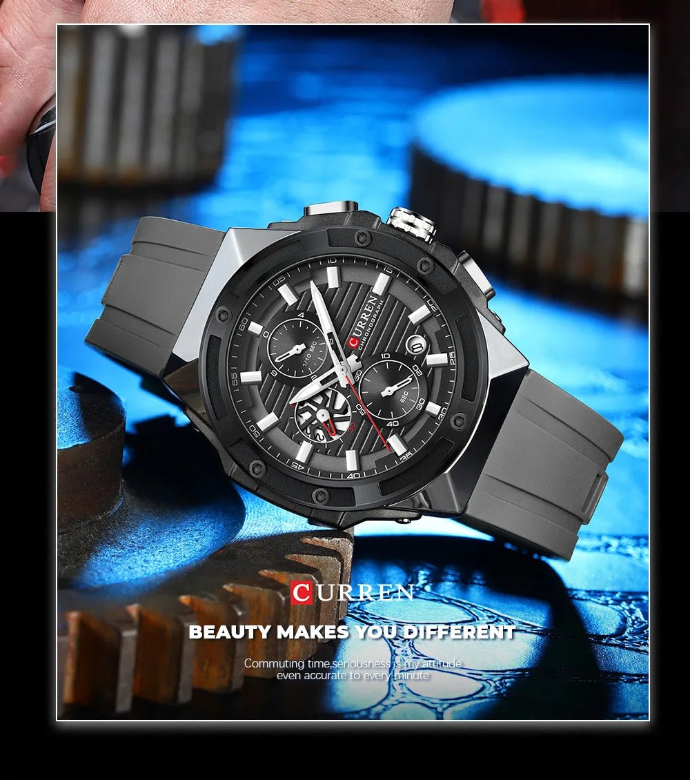 M8462 CURREN Black Dial Silver Body Grey Silicone Strap Original Wrist Watch For Men - Timecheck