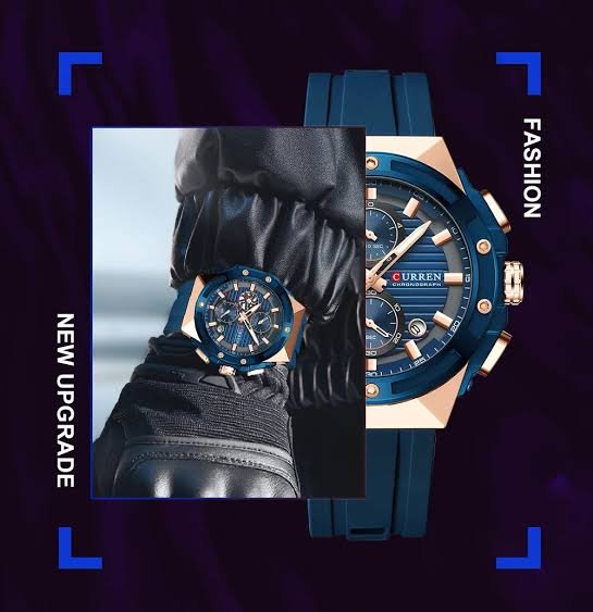 Curren M-8462 men's watch featuring a vibrant blue chronograph dial, striking gold case, and comfortable blue rubber strap