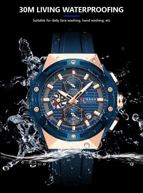 M:8462 CURREN Blue Dial Gold Body Blue Rubber Strap Chronograph Analog Quartz Men's Watch - Timecheck