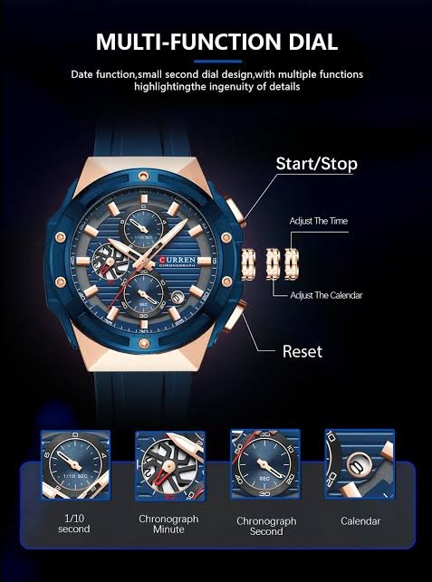 Curren M-8462 men's watch featuring a vibrant blue chronograph dial, striking gold case, and comfortable blue rubber strap