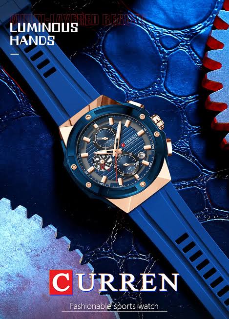 Curren M-8462 men's watch featuring a vibrant blue chronograph dial, striking gold case, and comfortable blue rubber strap