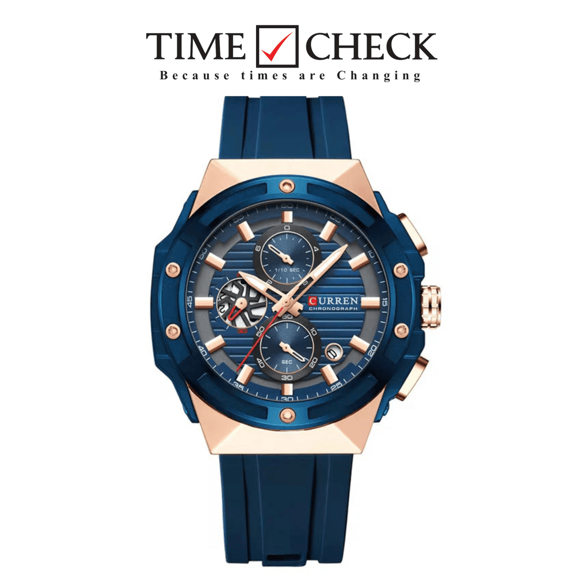 M:8462 CURREN Blue Dial Gold Body Blue Rubber Strap Chronograph Analog Quartz Men's Watch - Timecheck
