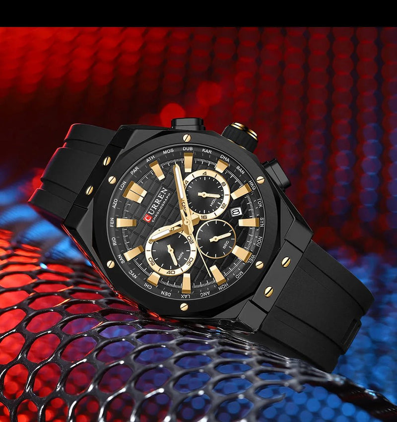M:8464 CURREN Black Dial Black Body Black Silicone Strap Original Wrist Watch For Men With Box&Bag - Timecheck
