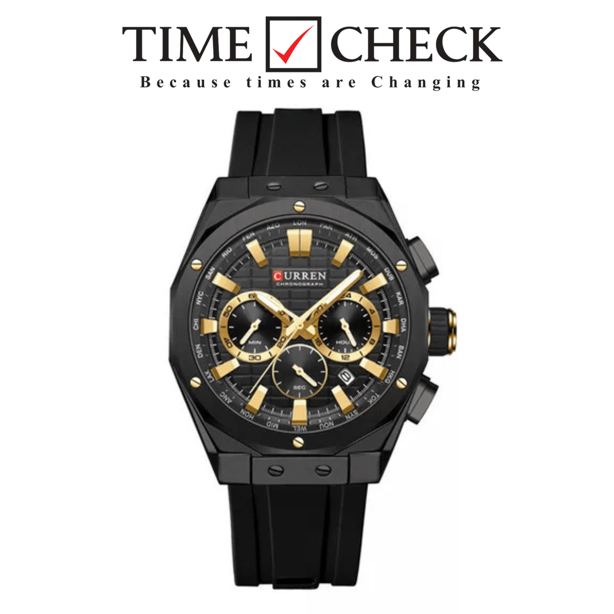 M:8464 CURREN Black Dial Black Body Black Silicone Strap Original Wrist Watch For Men With Box&Bag - Timecheck