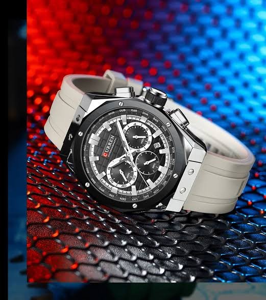 Curren M-8464 men's watch featuring a bold black chronograph dial, sleek silver case, and comfortable gray rubber strap