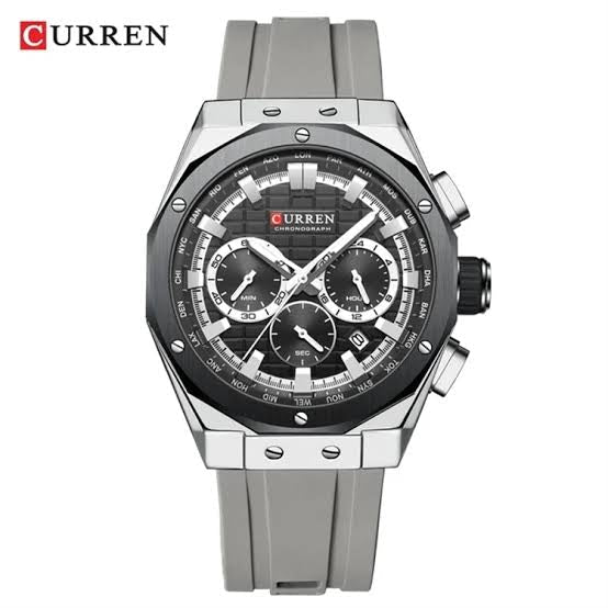 Curren M-8464 men's watch featuring a bold black chronograph dial, sleek silver case, and comfortable gray rubber strap