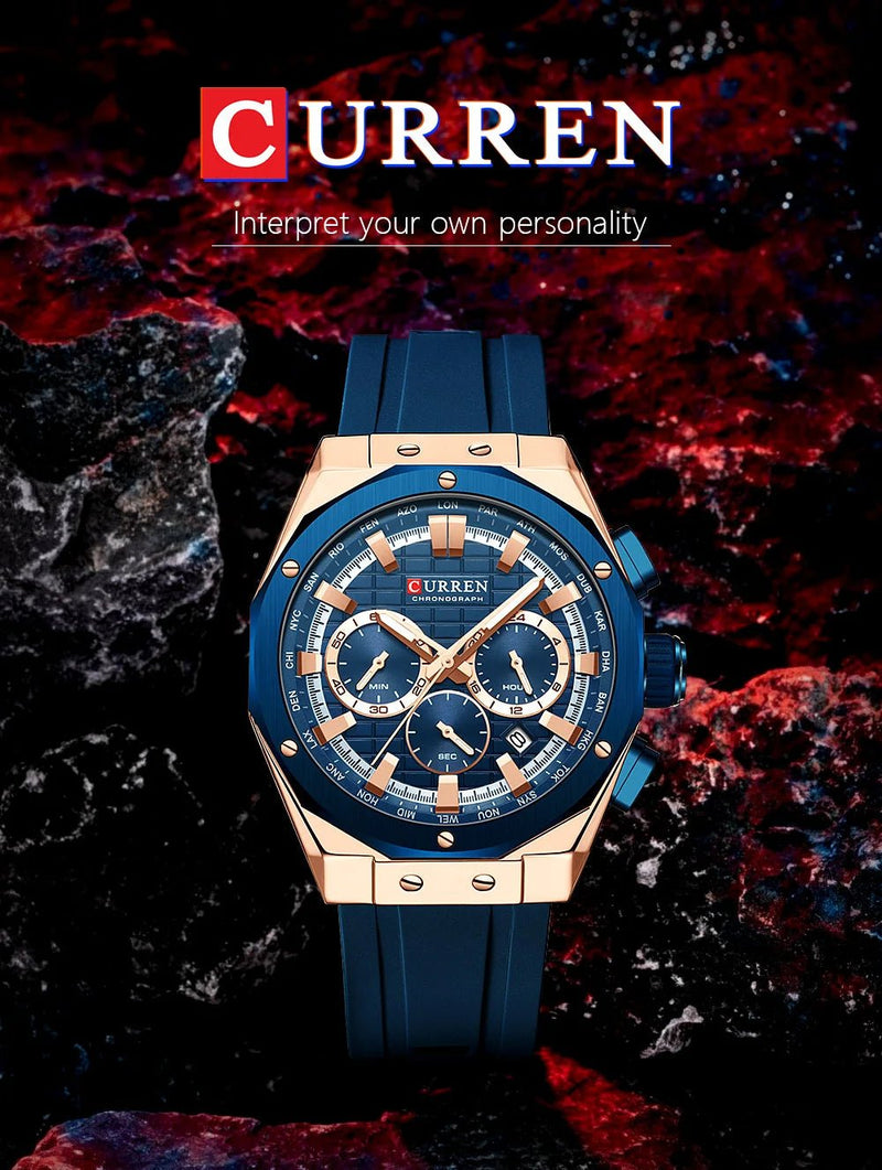 M:8464 CURREN Blue Dial Rose gold Body Blue Rubber Strap Chronograph Analog Quartz Men's Watch - Timecheck