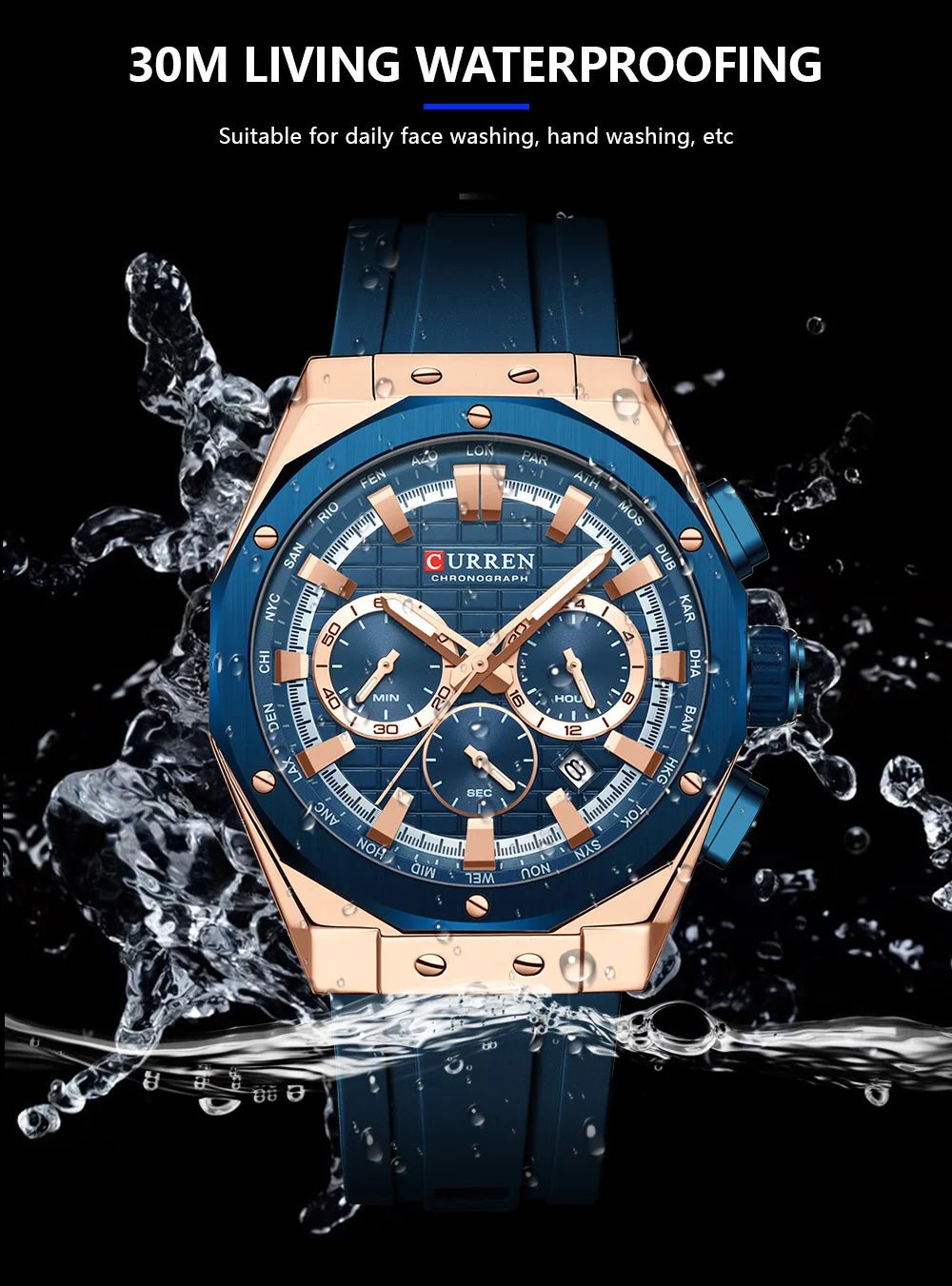 M:8464 CURREN Blue Dial Rose gold Body Blue Rubber Strap Chronograph Analog Quartz Men's Watch - Timecheck