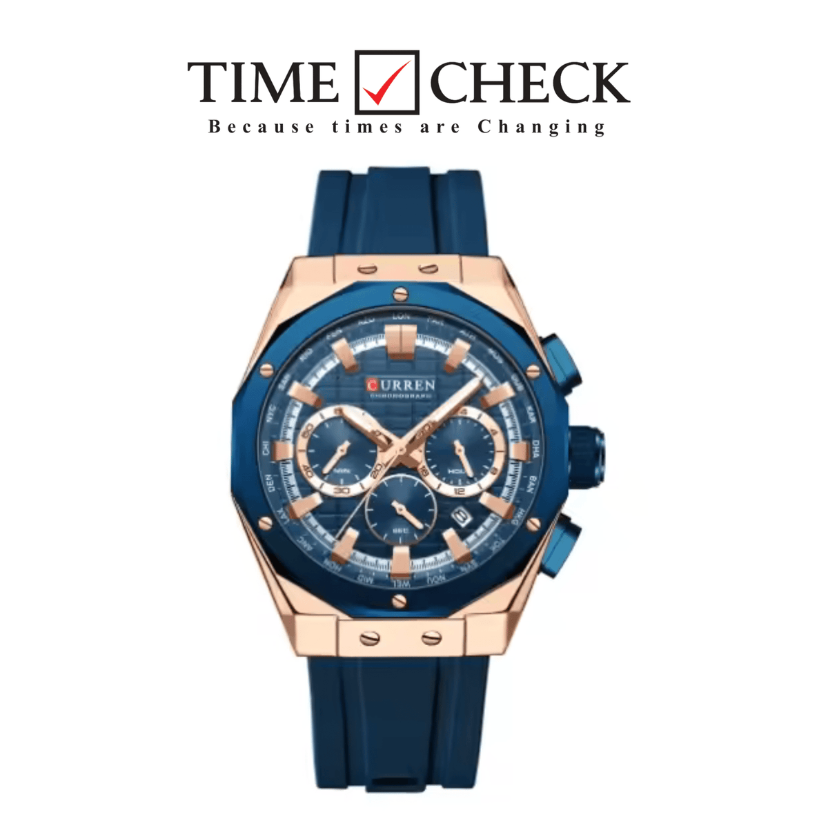 M:8464 CURREN Blue Dial Rose gold Body Blue Rubber Strap Chronograph Analog Quartz Men's Watch - Timecheck