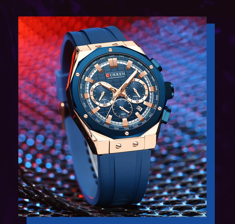 M:8464 CURREN Blue Dial Rose gold Body Blue Rubber Strap Chronograph Analog Quartz Men's Watch - Timecheck