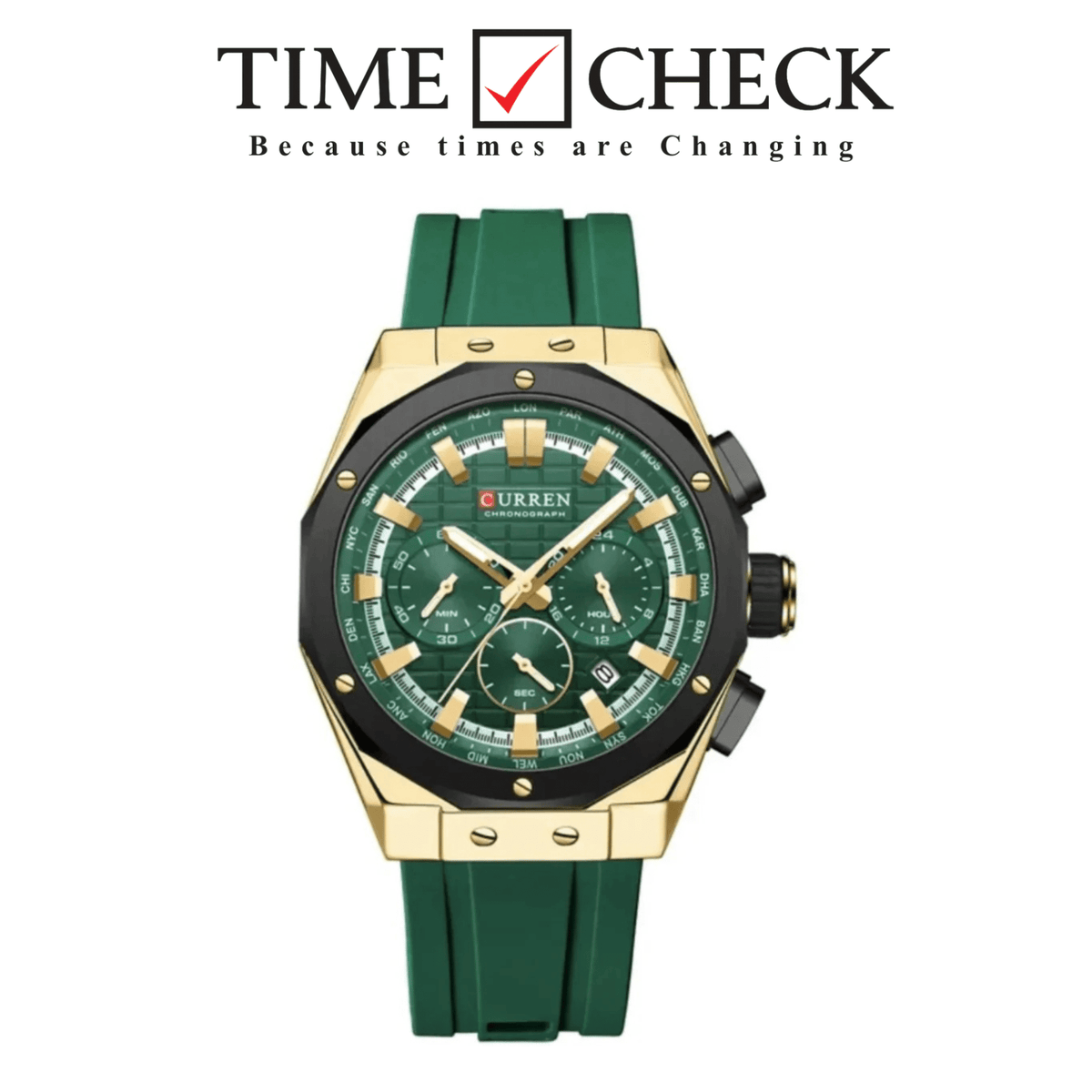 M:8464 CURREN Green Dial Gold Body Green Silicone Strap Original Wrist Watch For Men With Box&Bag - Timecheck