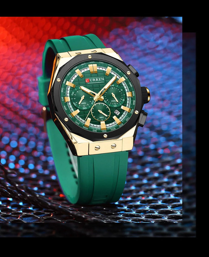 M:8464 CURREN Green Dial Gold Body Green Silicone Strap Original Wrist Watch For Men With Box&Bag - Timecheck