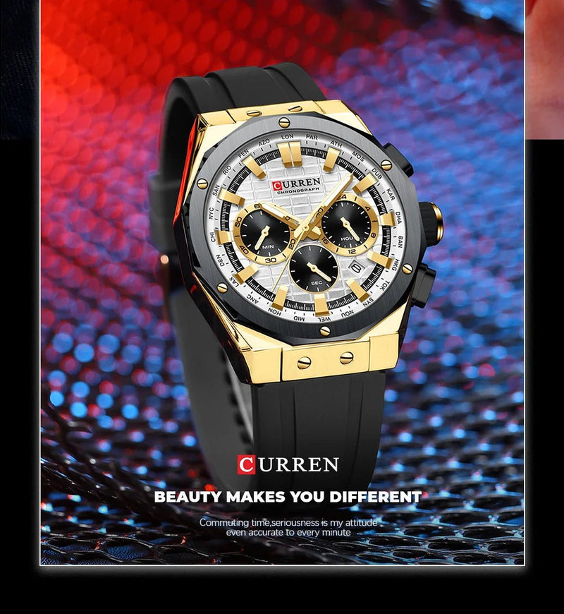 Curren M-8464 men's sport watch featuring a classic white analog dial, contrasting gold case, and durable black rubber strap