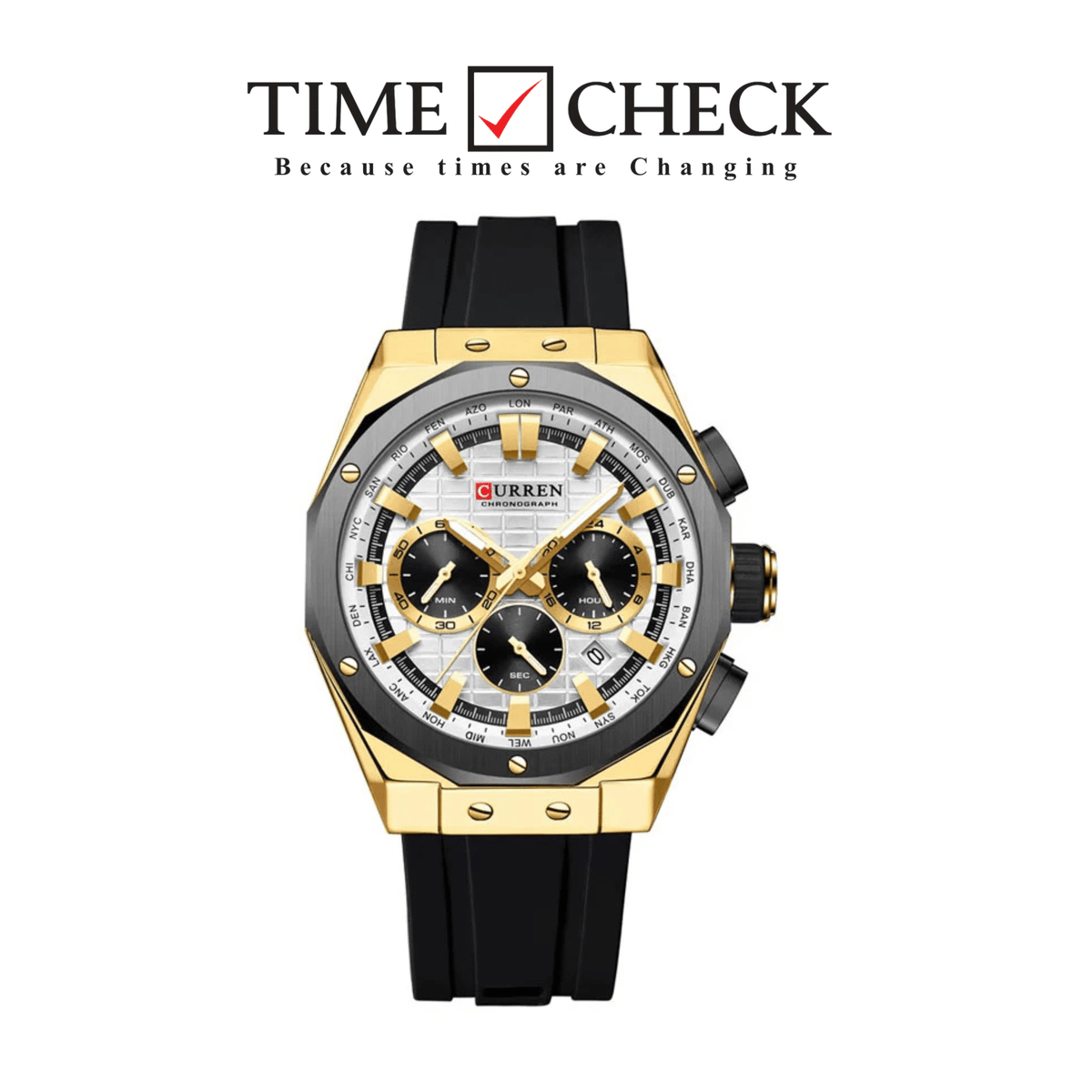Curren M-8464 men's sport watch featuring a classic white analog dial, contrasting gold case, and durable black rubber strap