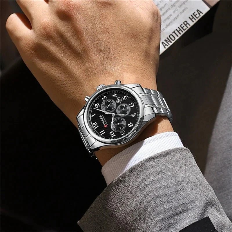 M8466 Curren black Dial Silver Stainless Steel Chain Chronograph Quartz Men's Watch. - Timecheck