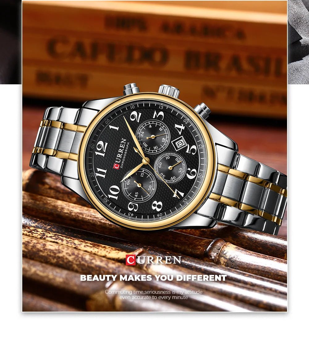 M;8466 Curren Black Dial Silver+Gold Stainless Steel Chain Chronograph Quartz Men's Watch - Timecheck