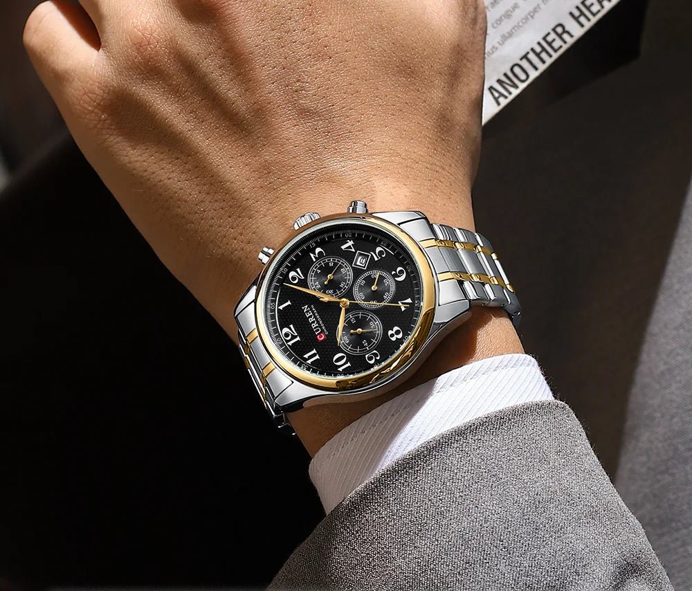 M;8466 Curren Black Dial Silver+Gold Stainless Steel Chain Chronograph Quartz Men's Watch - Timecheck
