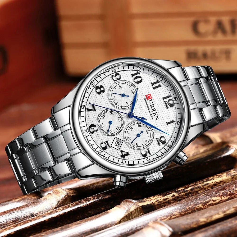 M:8466 Curren white Dial Silver Stainless Steel Chain Chronograph Quartz Men's Watch. - Timecheck