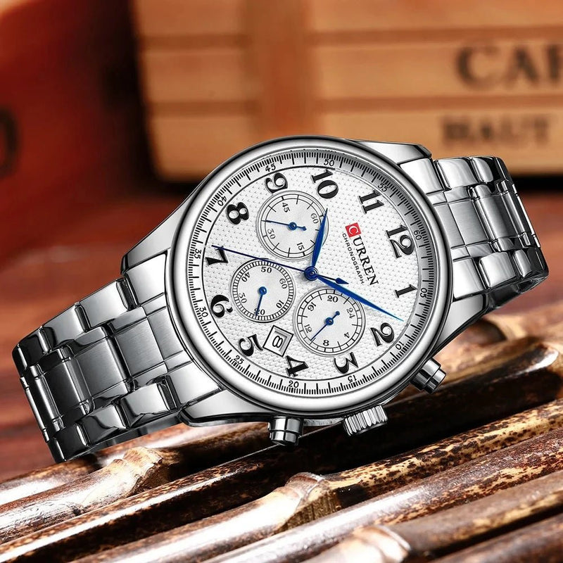 M:8466 Curren white Dial Silver Stainless Steel Chain Chronograph Quartz Men's Watch. - Timecheck