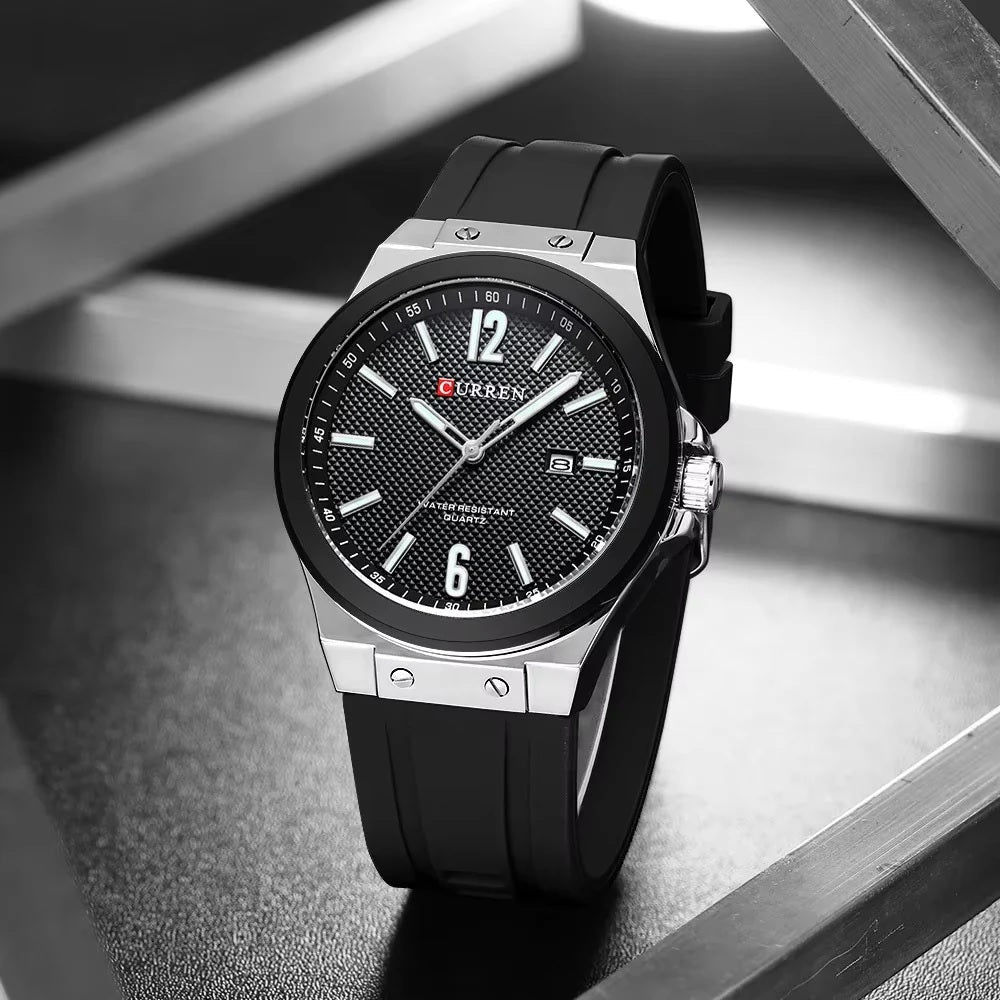 M8467 Curren Black Silver Body Dial black Silicone Strap Analog Quartz Men's Watch With Box & Bag - Timecheck