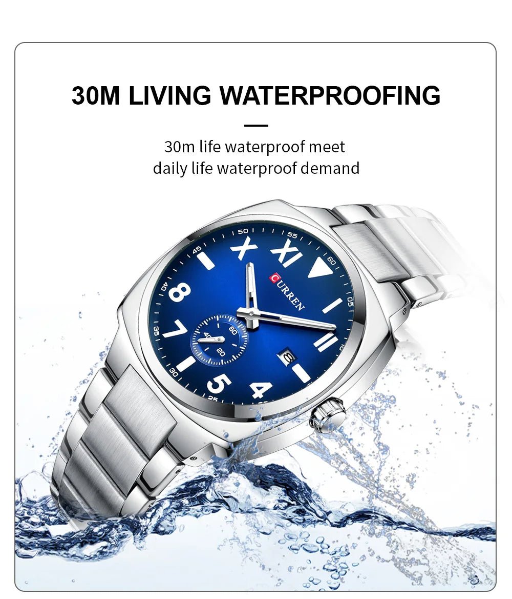 M:8472 curren Blue Dial Silver Stainless Steel Chain Analog Quartz Men's Watch with brand{box&bag} - Timecheck