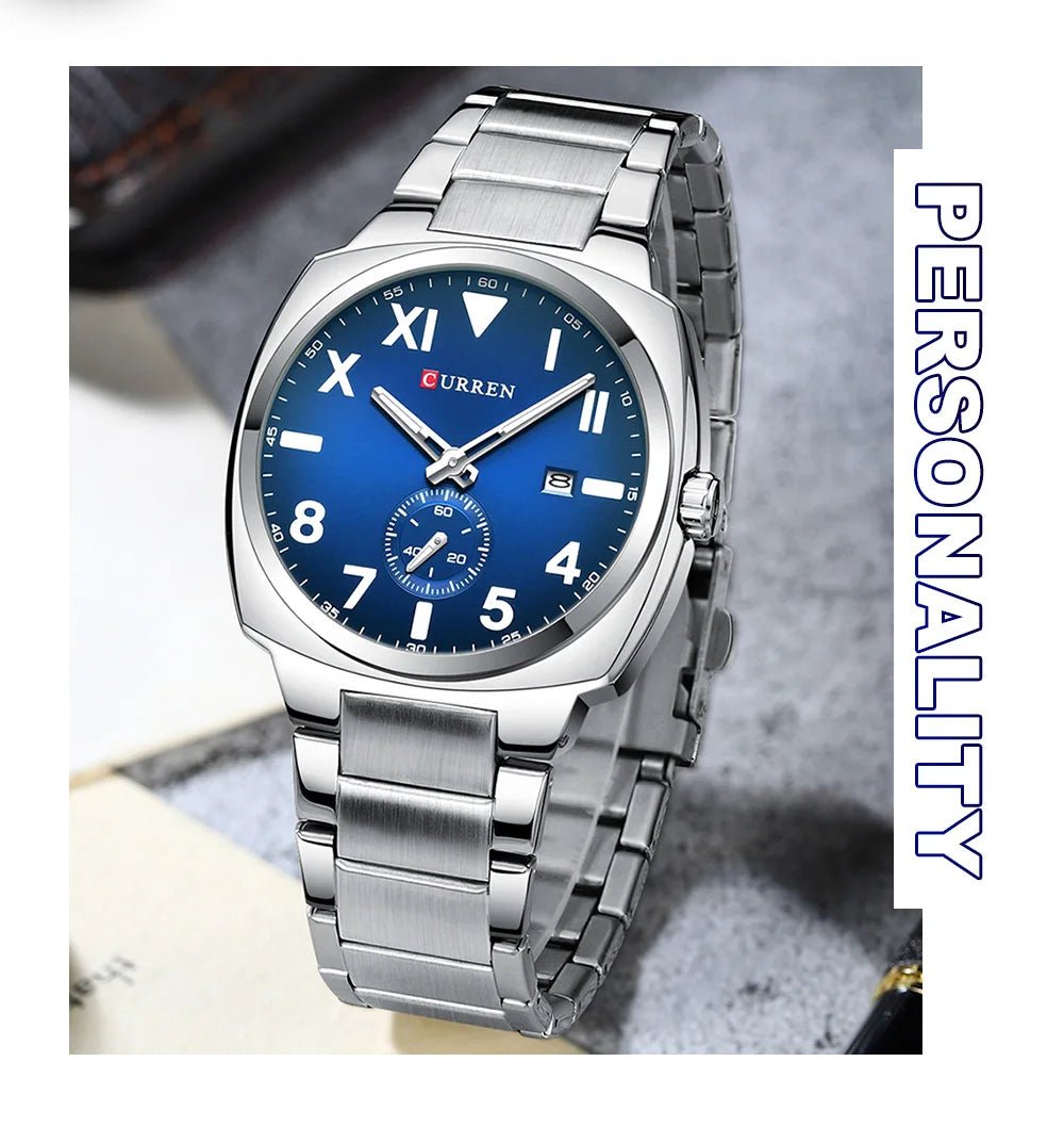 M:8472 curren Blue Dial Silver Stainless Steel Chain Analog Quartz Men's Watch with brand{box&bag} - Timecheck