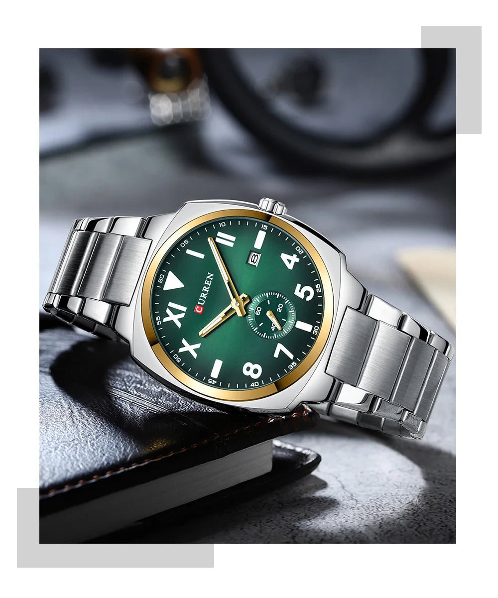 M:8472 curren Green Dial Silver Stainless Steel Chain Analog Quartz Men's Watch with brand{box&bag} - Timecheck