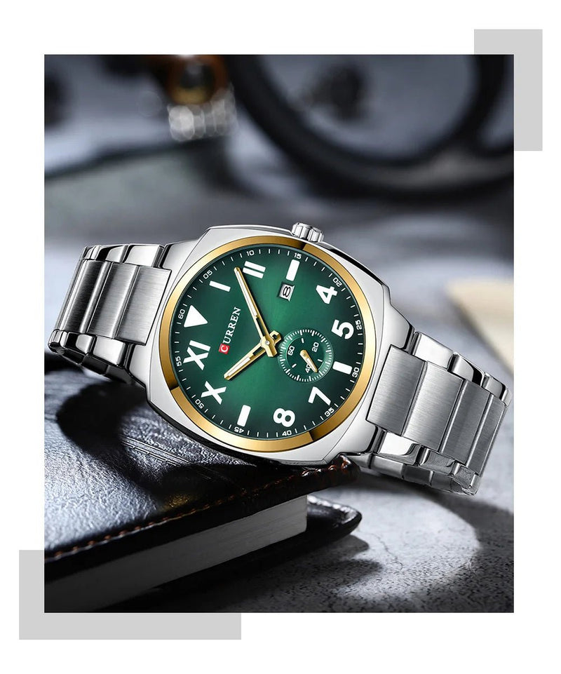 M:8472 curren Green Dial Silver Stainless Steel Chain Analog Quartz Men's Watch with brand{box&bag} - Timecheck