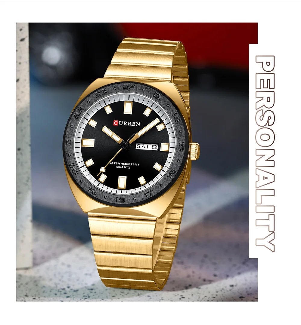 M:8473 CURREN BLACK DIAL GOLDEN STAINLESS STEEL CHAIN WRIST WATCH FOR MAN WITH BRAND BOX & BAG - Timecheck