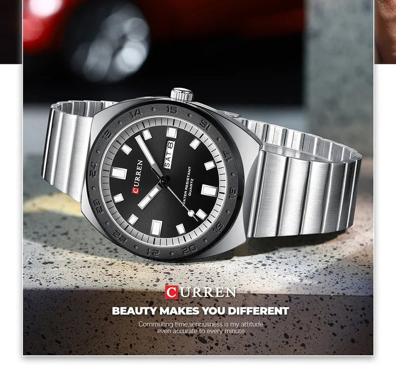 M:8473 CURREN BLACK DIAL SILVER STAINLESS STEEL CHAIN WRIST WATCH FOR MAN WITH BRAND BOX & BAG - Timecheck