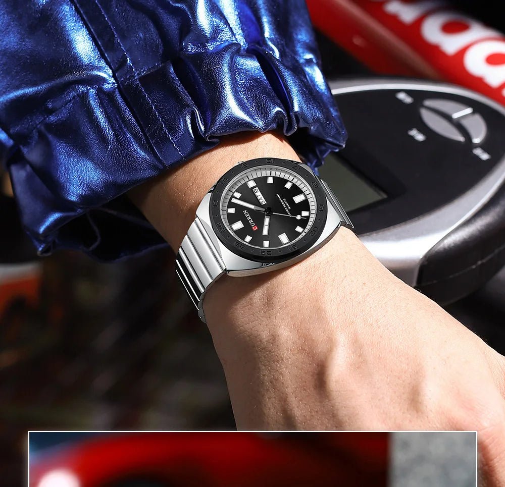 M:8473 CURREN BLACK DIAL SILVER STAINLESS STEEL CHAIN WRIST WATCH FOR MAN WITH BRAND BOX & BAG - Timecheck