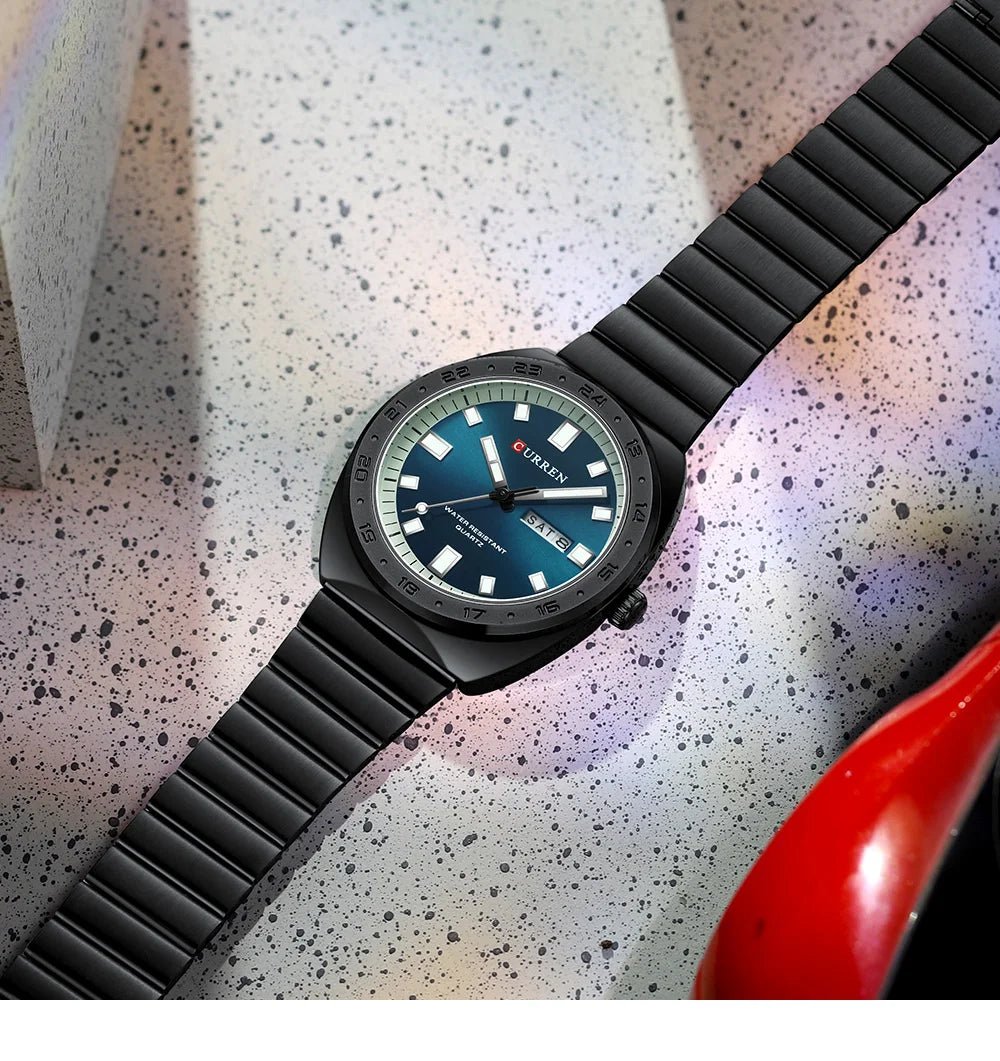 M:8473 CURREN BLUISH DIAL BLACK STAINLESS STEEL CHAIN WRIST WATCH FOR MAN WITH BRAND BOX & BAG - Timecheck