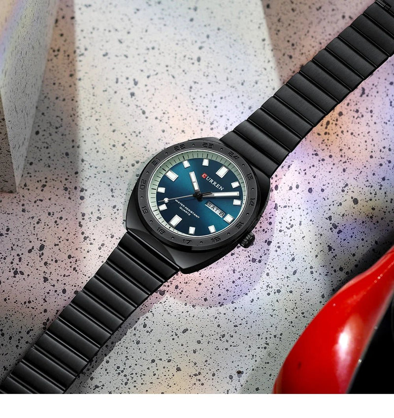 M:8473 CURREN BLUISH DIAL BLACK STAINLESS STEEL CHAIN WRIST WATCH FOR MAN WITH BRAND BOX & BAG - Timecheck