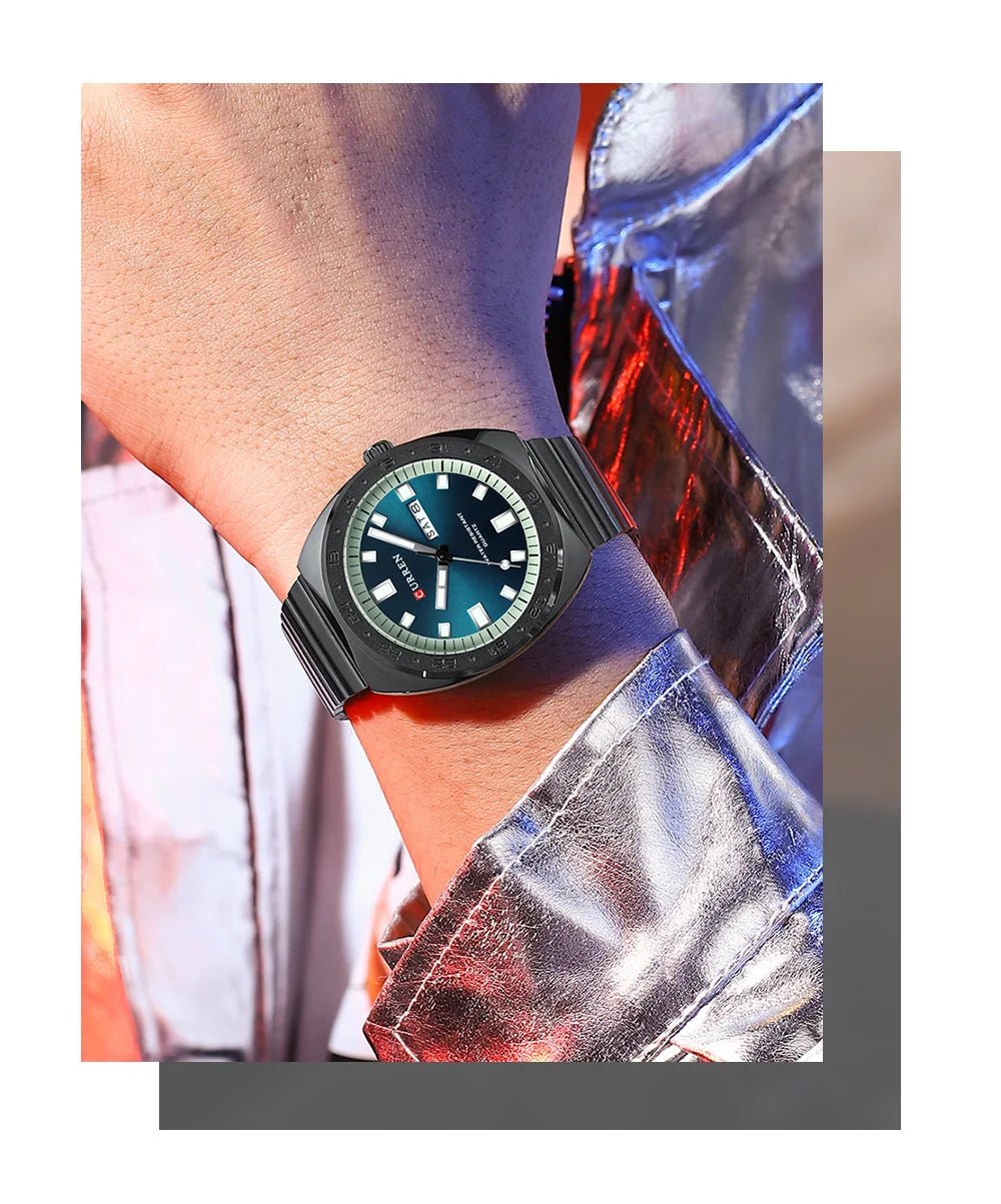 M:8473 CURREN BLUISH DIAL BLACK STAINLESS STEEL CHAIN WRIST WATCH FOR MAN WITH BRAND BOX & BAG - Timecheck