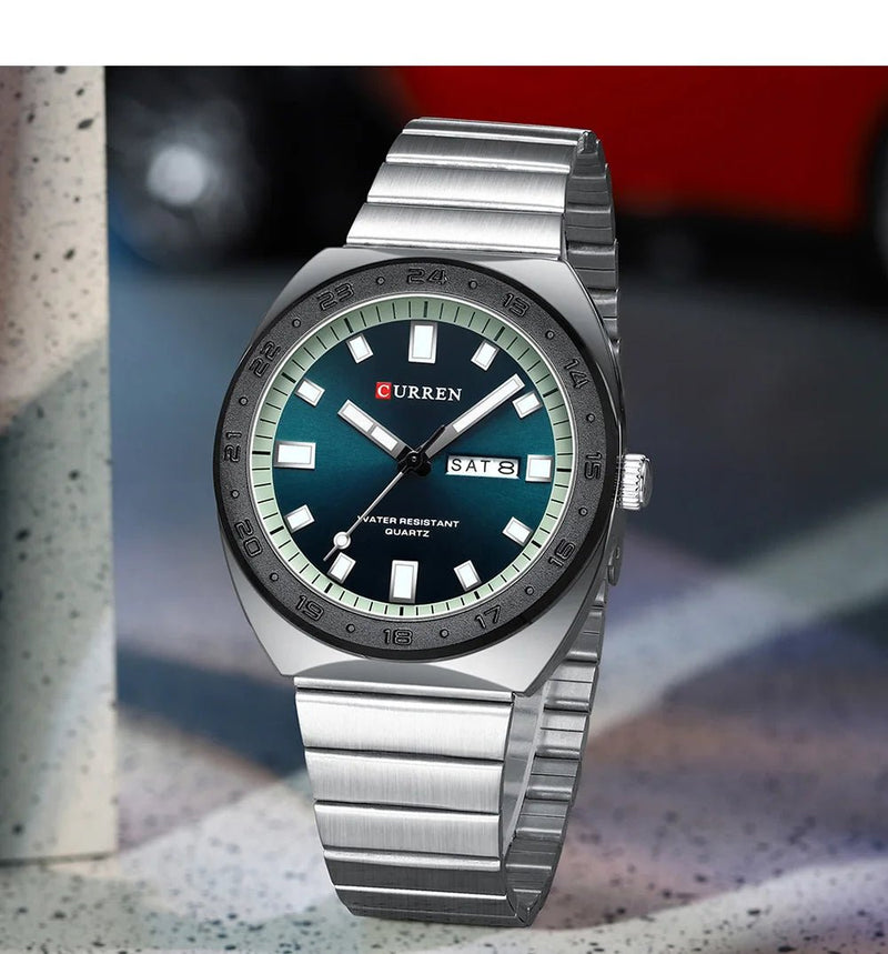 M:8473 CURREN BLUISH DIAL SILVER STAINLESS STEEL CHAIN WRIST WATCH FOR MAN WITH BRAND BOX & BAG - Timecheck