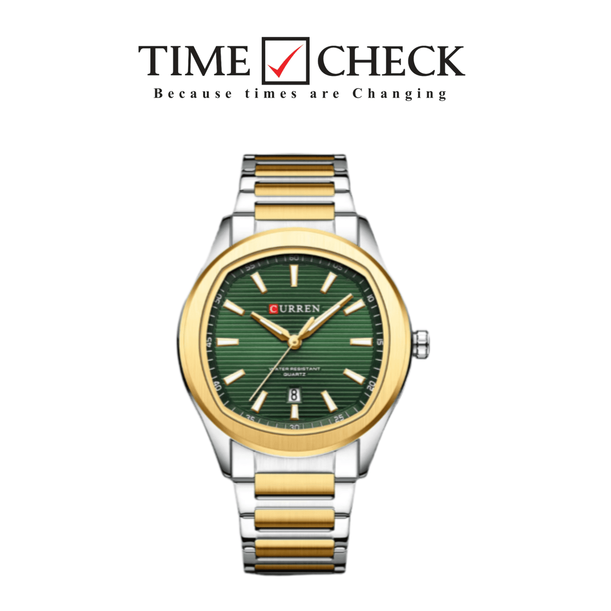 M:8474 CURREN GREEN DIAL SILVER+GOLDEN STAINLESS STEEL CHAIN WRIST WATCH FOR MEN WITH BRAND BOX & BAG - Timecheck